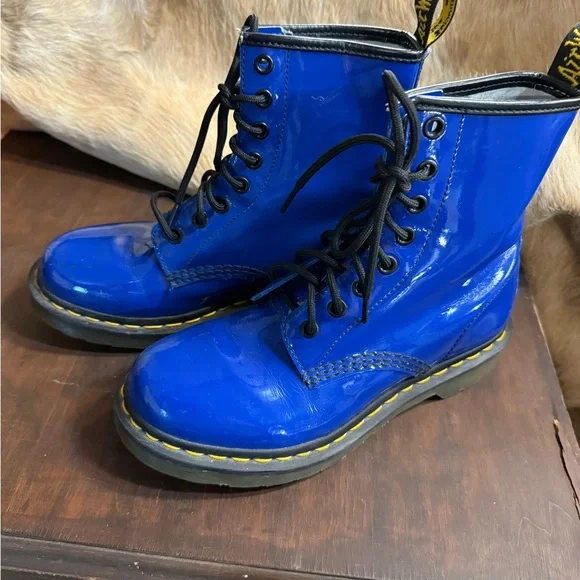 Dr. Martens Blue Patent Leather Combat Boots Sz 6 (UMRZWP) - Picture 3 of 8